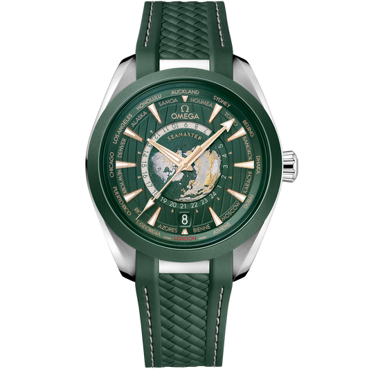 Omega Seamaster Aqua Terra 150M GMT Worldtimer 43 MM Steel Green Rubber Green Dial Watch 220.32.43.22.10.001