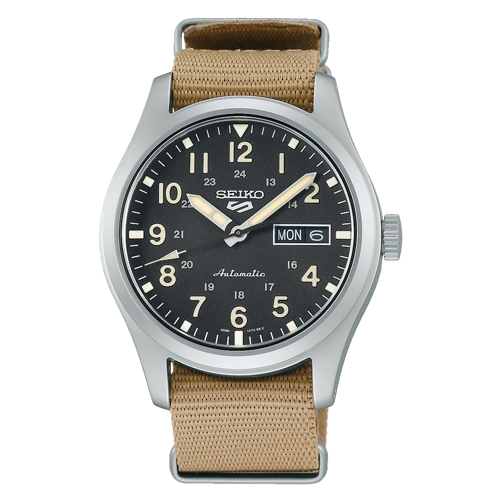 Seiko 5 Sports 39.4 MM Day-Date Automatic SS Beige Nylon Band Watch SRPG35K1