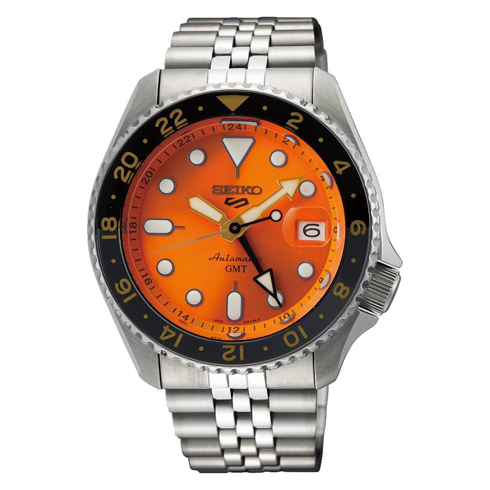 Seiko 5 Sports Stainless Steel 42.5 MM GMT Automatic Orange Dial Watch SSK005K1