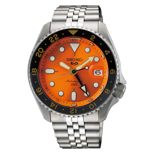 Seiko 5 Sports Stainless Steel 42.5 MM GMT Automatic Orange Dial Watch SSK005K1